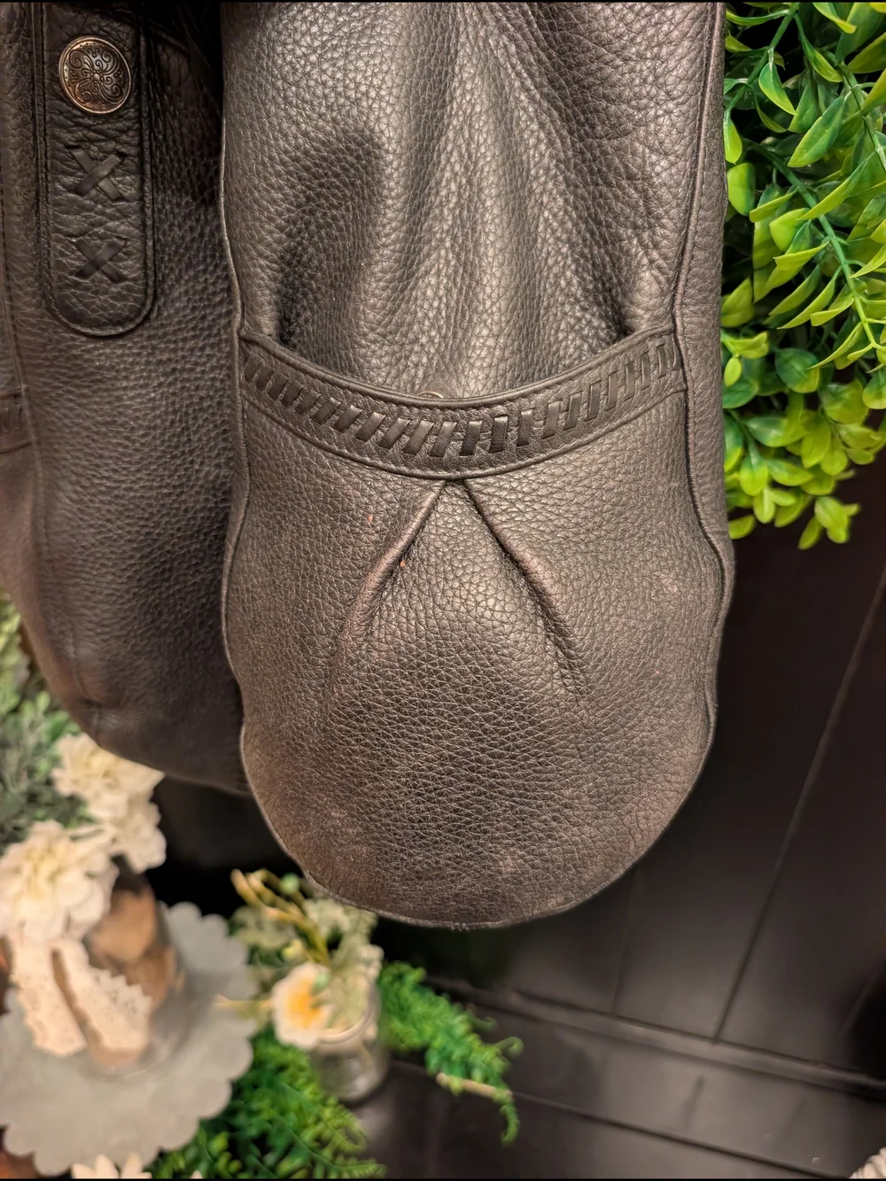 Black Leather Braided-Handle Brighton Hobo Bag